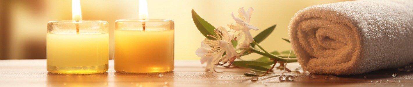 Massage studio candles and flowers on a massage table on Reno Massage Tree Menu Items page.