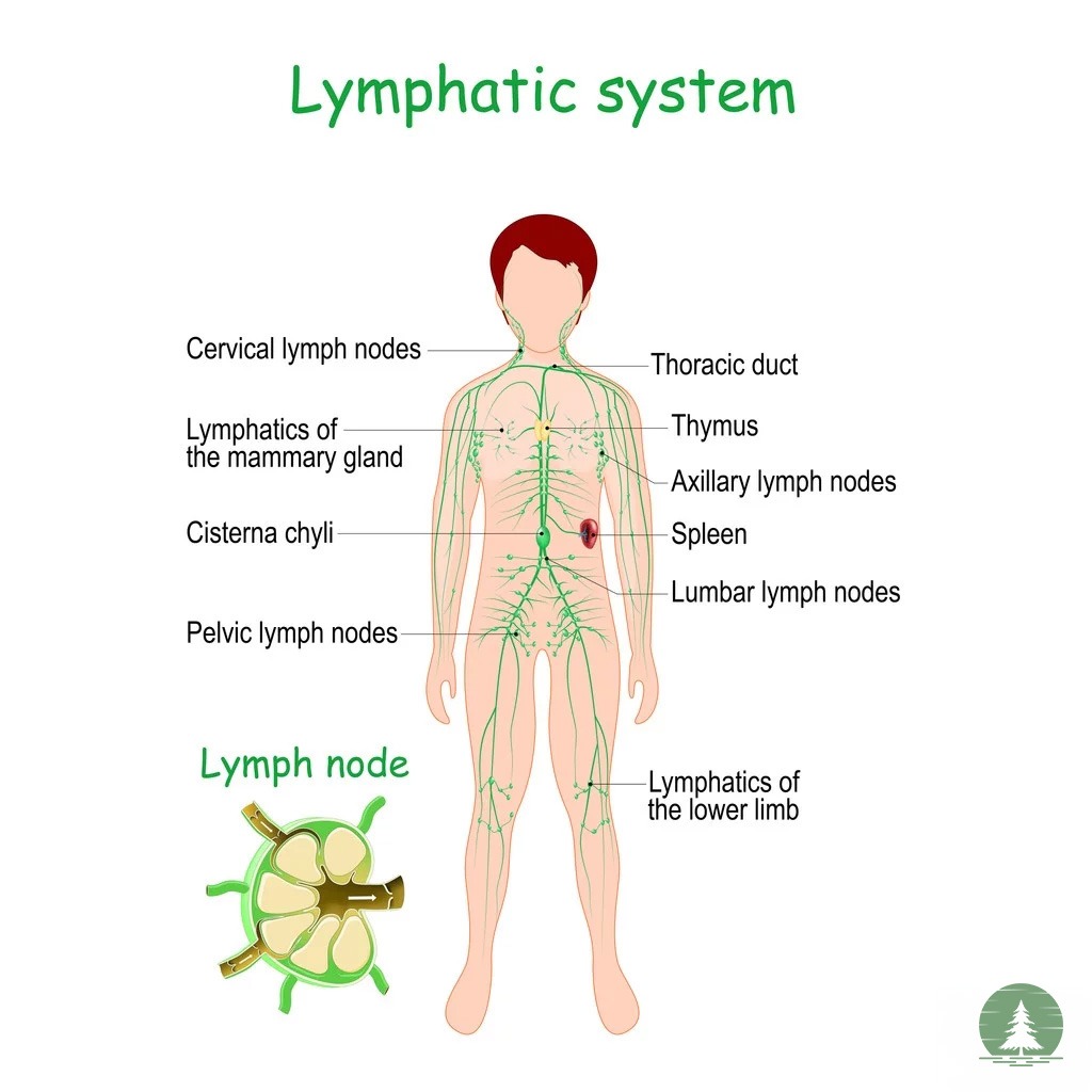 Diagram of the human lymphatic system showing nodes, vessels, and organs.