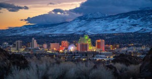 downtown Reno at sunset with Mt Rose backdrop