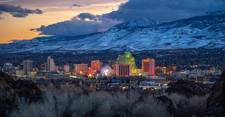 downtown Reno at sunset with Mt Rose backdrop