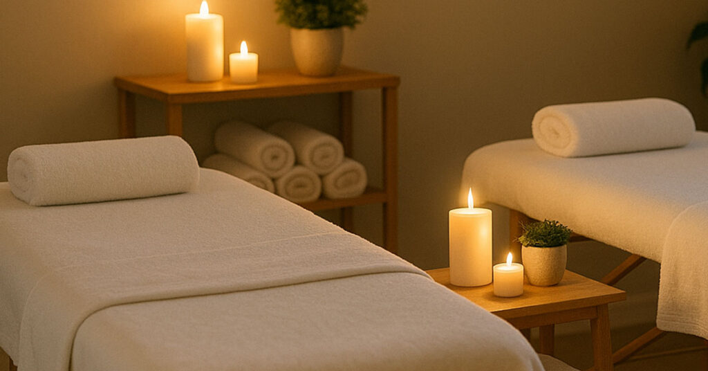 Serene couples massage room with two tables, candles, and soft lighting